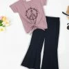 Brand new 👍 Trend Blossoms Dusty Pink Floral Peace Knot-Hem Tee & Navy Crinkle Flare Pants - 👧 Girls 🎉 -Trend Blossoms-shop zu110746218 main tm1668870340