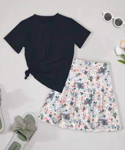 Coupon 👏 Trend Blossoms Navy Butterfly Knot-Hem Tee & Light Pink Floral Bow-Accent 👗 Skirt - 👧 Girls 😍 -Trend Blossoms-shop zu110746219 alt 2 tm1668870340