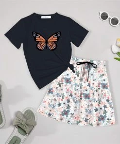 Coupon 👏 Trend Blossoms Navy Butterfly Knot-Hem Tee & Light Pink Floral Bow-Accent 👗 Skirt - 👧 Girls 😍
