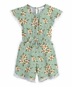 Promo 🔔 Trend Blossoms Dusty Mint & Peach Floral & Polka Dot Bow-Front Angel-Sleeve Romper - 👧 Girls 😍