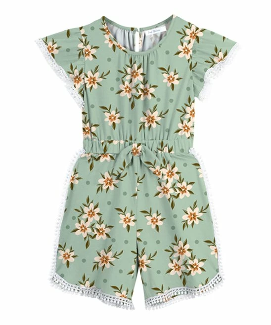 Promo ๐ Trend Blossoms Dusty Mint & Peach Floral & Polka Dot Bow-Front Angel-Sleeve Romper - ๐ง Girls ๐ 3 Promo ๐ Trend Blossoms Dusty Mint & Peach Floral & Polka Dot Bow-Front Angel-Sleeve Romper - ๐ง Girls ๐