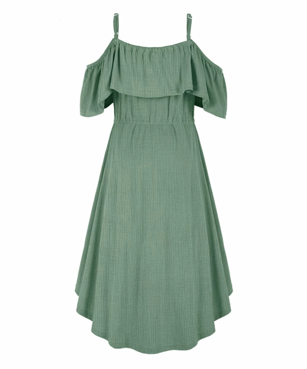 Budget 🔔 Trend Blossoms Light Green Crinkle Cold-Shoulder Hi-Low 👗 Dress - 👧 Girls 🥰 4 Budget 🔔 Trend Blossoms Light Green Crinkle Cold-Shoulder Hi-Low 👗 Dress - 👧 Girls 🥰 - Image 2