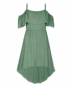 Budget 🔔 Trend Blossoms Light Green Crinkle Cold-Shoulder Hi-Low 👗 Dress - 👧 Girls 🥰