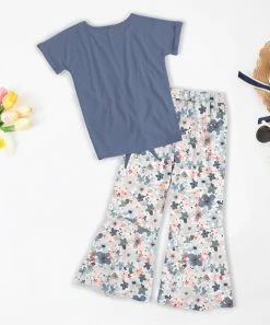 Best Sale ⭐ Trend Blossoms Dusty Blue Knot-Hem Tee & Light Pink Watercolor Floral Flare Pants - 👧 Girls 🛒 -Trend Blossoms-shop zu110755275 alt 3 tm1668870340