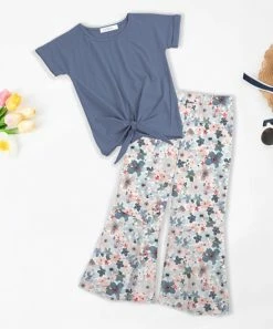 Best Sale ⭐ Trend Blossoms Dusty Blue Knot-Hem Tee & Light Pink Watercolor Floral Flare Pants - 👧 Girls 🛒