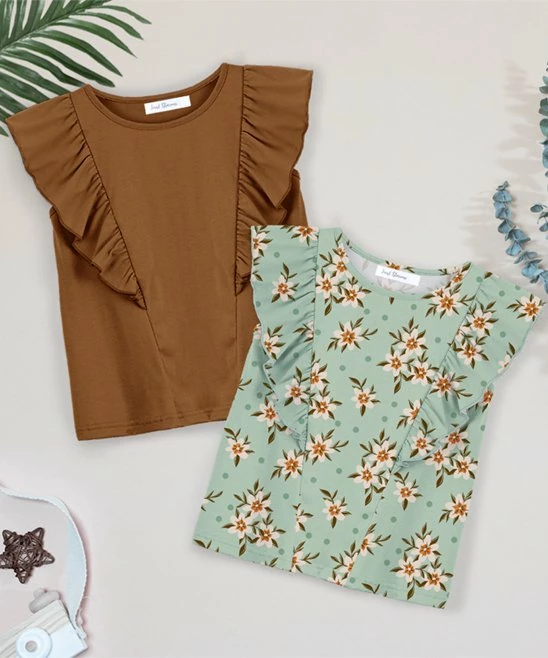 Deals 🔥 Trend Blossoms Brown & Dusty Mint Floral Ruffle-Accent Sleeveless Top Set - 👧 Girls 🎁 3 Deals 🔥 Trend Blossoms Brown & Dusty Mint Floral Ruffle-Accent Sleeveless Top Set - 👧 Girls 🎁