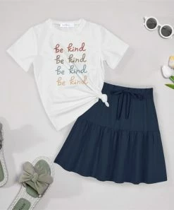 Best reviews of ✔️ Trend Blossoms White 'Be Kind' Knot-Hem Tee & Navy Bow-Accent 👗 Skirt - 👧 Girls ✔️