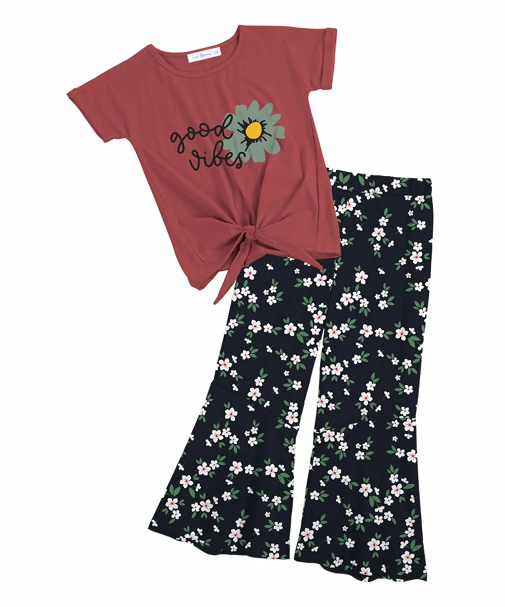 Promo โญ Trend Blossoms Brick Red 'Good Vibes' Floral Knot-Hem Top & Dark Navy Flare Pants - ๐ง Girls โญ 4 Promo โญ Trend Blossoms Brick Red 'Good Vibes' Floral Knot-Hem Top & Dark Navy Flare Pants - ๐ง Girls โญ - Image 2