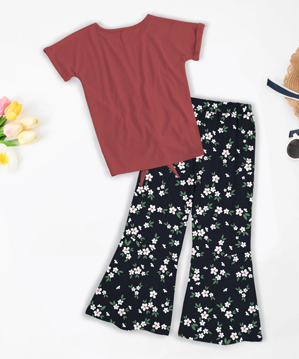 Promo โญ Trend Blossoms Brick Red 'Good Vibes' Floral Knot-Hem Top & Dark Navy Flare Pants - ๐ง Girls โญ 5 Promo โญ Trend Blossoms Brick Red 'Good Vibes' Floral Knot-Hem Top & Dark Navy Flare Pants - ๐ง Girls โญ - Image 3