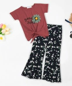 Promo ⭐ Trend Blossoms Brick Red 'Good Vibes' Floral Knot-Hem Top & Dark Navy Flare Pants - 👧 Girls ⭐