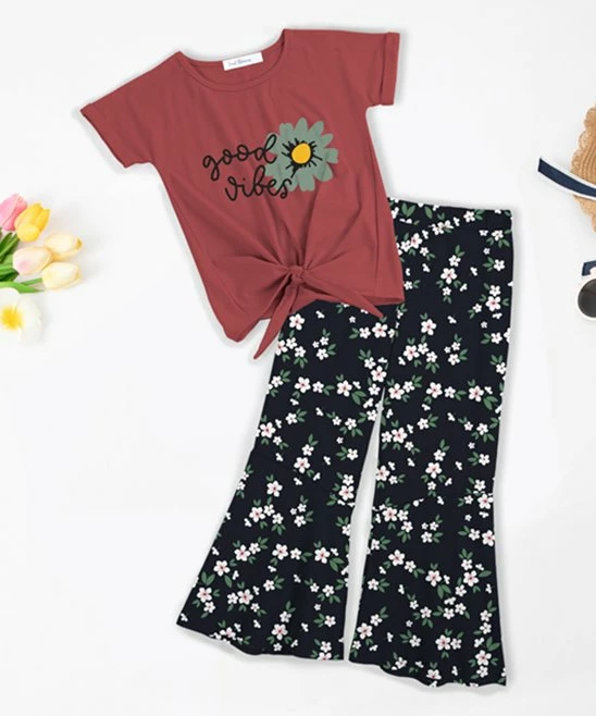 Promo โญ Trend Blossoms Brick Red 'Good Vibes' Floral Knot-Hem Top & Dark Navy Flare Pants - ๐ง Girls โญ 3 Promo โญ Trend Blossoms Brick Red 'Good Vibes' Floral Knot-Hem Top & Dark Navy Flare Pants - ๐ง Girls โญ