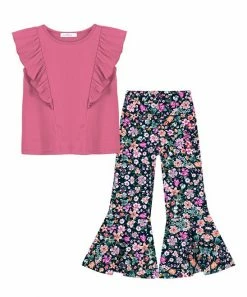 Hot Sale 😍 Trend Blossoms Hot Pink Ruffle-Accent Sleeveless Top & Black Floral Flare Pants - 👧 Girls 🎉