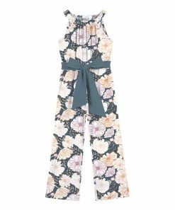 Hot Sale 🎁 Trend Blossoms Dusty Blue & Orange Floral Bow-Belted Sleeveless Jumpsuit - 👧 Girls 🤩