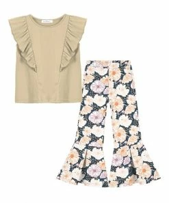 Best Sale 🤩 Trend Blossoms Cream Ruffle-Accent Sleeveless Top & Floral Flare Pants - 👧 Girls 🎉