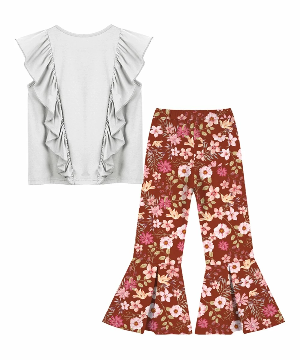 Hot Sale ⭐ Trend Blossoms White Ruffle-Accent Sleeveless Top & Brown Floral Flare Pants - 👧 Girls ⌛ 4 Hot Sale ⭐ Trend Blossoms White Ruffle-Accent Sleeveless Top & Brown Floral Flare Pants - 👧 Girls ⌛ - Image 2