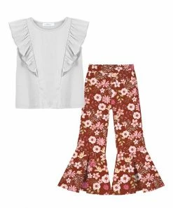 Hot Sale ⭐ Trend Blossoms White Ruffle-Accent Sleeveless Top & Brown Floral Flare Pants - 👧 Girls ⌛