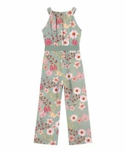 Best Sale 💯 Trend Blossoms Dusty Mint & Pink Floral Bow-Belted Sleeveless Jumpsuit - 👧 Girls ✔️ -Trend Blossoms-shop zu110823534 alt 2 tm1668881386