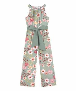 Best Sale 💯 Trend Blossoms Dusty Mint & Pink Floral Bow-Belted Sleeveless Jumpsuit - 👧 Girls ✔️