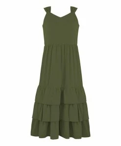 Promo 👏 Trend Blossoms Army Green Tiered Sleeveless Maxi 👗 Dress - 👧 Girls 🧨