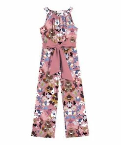 Wholesale 🤩 Trend Blossoms Dusty Pink & Blue Floral Bow-Belted Sleeveless Jumpsuit - 👧 Girls 😀