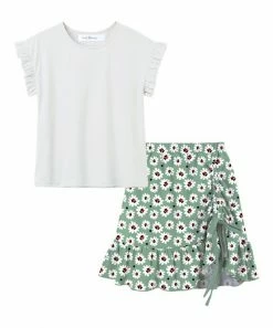Hot Sale β Trend Blossoms White Ruffle-Sleeve Top & Green Floral Ruffle-Hem π Skirt - π§ Girls π₯°