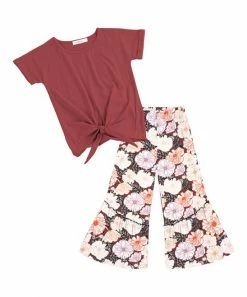 Top 10 ✨ Trend Blossoms Brick Red Knot-Front Top & Pink Floral Flare Pants - 👧 Girls 🥰