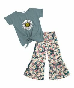 Promo ⌛ Trend Blossoms Dusty Turquoise Daisy Knot-Front Top & Pink Floral Flare Pants - 👧 Girls 🤩