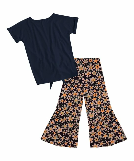 Wholesale 👍 Trend Blossoms Navy Floral Knot-Front Top & Orange Floral Flare Pants - 👧 Girls ✔️ 4 Wholesale 👍 Trend Blossoms Navy Floral Knot-Front Top & Orange Floral Flare Pants - 👧 Girls ✔️ - Image 2