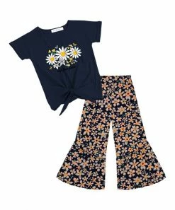 Wholesale 👍 Trend Blossoms Navy Floral Knot-Front Top & Orange Floral Flare Pants - 👧 Girls ✔️