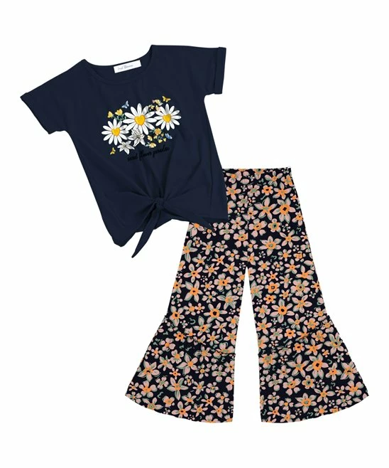 Wholesale 👍 Trend Blossoms Navy Floral Knot-Front Top & Orange Floral Flare Pants - 👧 Girls ✔️ 3 Wholesale 👍 Trend Blossoms Navy Floral Knot-Front Top & Orange Floral Flare Pants - 👧 Girls ✔️