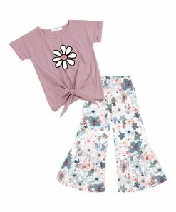 Discount ❤️ Trend Blossoms Dusty Pink Floral Knot-Front Top & Dusty Blue Floral Flare Pants - 👧 Girls ✨