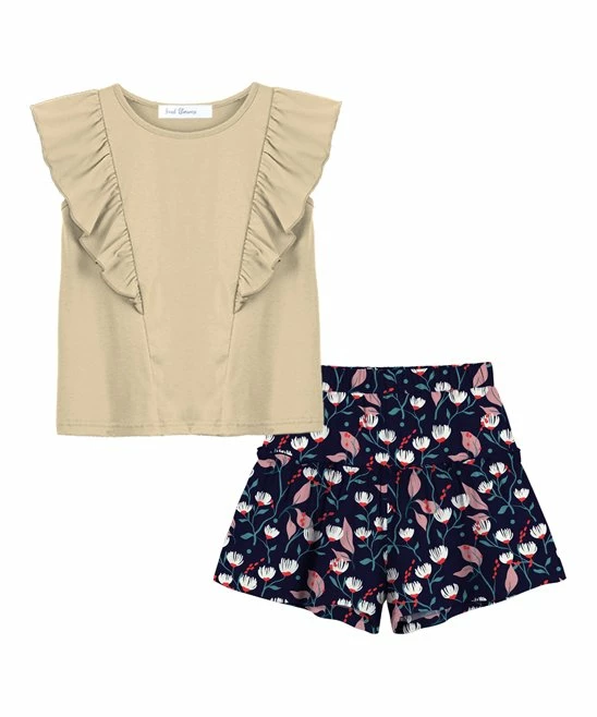 Best Pirce ⭐ Trend Blossoms Cream Ruffle-Trim Sleeveless Top & Navy Floral Shorts - 👧 Girls 💯 3 Best Pirce ⭐ Trend Blossoms Cream Ruffle-Trim Sleeveless Top & Navy Floral Shorts - 👧 Girls 💯