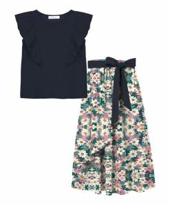 Discount ๐ฏ Trend Blossoms Dark Navy Ruffle-Trim Sleeveless Top & Dusty Pink Floral Maxi ๐ Skirt - ๐ง Girls ๐