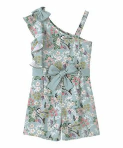 Wholesale 🧨 Trend Blossoms Dusty Blue & Pink Floral Ruffle-accent Tie-waist Asymmetrical Romper - 👧 Girls 💯