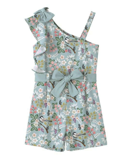 Wholesale ๐งจ Trend Blossoms Dusty Blue & Pink Floral Ruffle-accent Tie-waist Asymmetrical Romper - ๐ง Girls ๐ฏ 3 Wholesale ๐งจ Trend Blossoms Dusty Blue & Pink Floral Ruffle-accent Tie-waist Asymmetrical Romper - ๐ง Girls ๐ฏ
