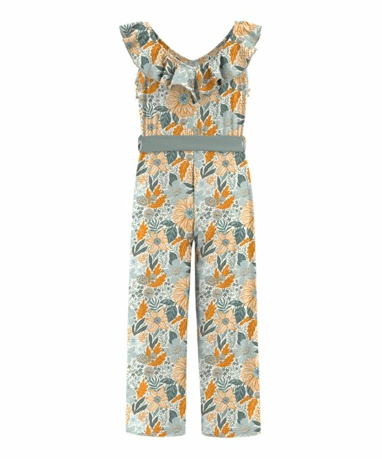 Budget ๐คฉ Trend Blossoms Dusty Turquoise & Orange Floral Leaf Ruffle-yoke Jumpsuit - ๐ง Girls โจ 4 Budget ๐คฉ Trend Blossoms Dusty Turquoise & Orange Floral Leaf Ruffle-yoke Jumpsuit - ๐ง Girls โจ - Image 2
