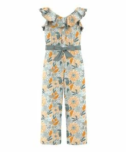 Budget 🤩 Trend Blossoms Dusty Turquoise & Orange Floral Leaf Ruffle-yoke Jumpsuit - 👧 Girls ✨