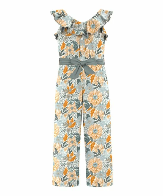 Budget ๐คฉ Trend Blossoms Dusty Turquoise & Orange Floral Leaf Ruffle-yoke Jumpsuit - ๐ง Girls โจ 3 Budget ๐คฉ Trend Blossoms Dusty Turquoise & Orange Floral Leaf Ruffle-yoke Jumpsuit - ๐ง Girls โจ
