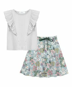 Best reviews of ⭐ Trend Blossoms White Ruffle Sleeveless Top & Dusty Blue & Pink Floral Bow-accent 👗 Skirt - 👧 Girls 🌟