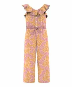 Wholesale 🎁 Trend Blossoms Pink & Orange Floral Ruffle-yoke Jumpsuit - 👧 Girls ✨