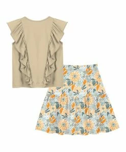 Budget 👍 Trend Blossoms Cream Ruffle Sleeveless Top & Dusty Turquoise Floral Leaf Bow-accent 👗 Skirt - 👧 Girls ⌛ -Trend Blossoms-shop zu111163177 alt 1 tm1669738277