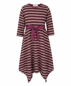 Promo 😍 Trend Blossoms Burgundy Stripe Bow-Waist Handkerchief 👗 Dress - 👧 Girls ⌛