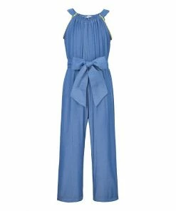 Hot Sale 🤩 Trend Blossoms Blue Bow-Belted Sleeveless Jumpsuit - 👧 Girls 😍