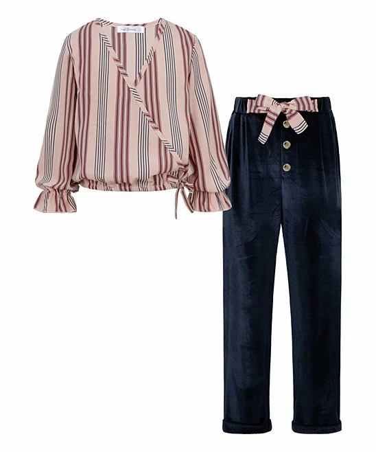 Deals ❤️ Trend Blossoms Pink Stripe Ruffle-Sleeve Wrap Top & Navy Bow-Belted Pants - 👧 Girls ✨ 3 Deals ❤️ Trend Blossoms Pink Stripe Ruffle-Sleeve Wrap Top & Navy Bow-Belted Pants - 👧 Girls ✨