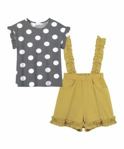 Best Sale 😀 Trend Blossoms Dark Gray Polka Dot Ruffle Tee & Mustard Stripe Suspender Shorts - 👧 Girls 🔥