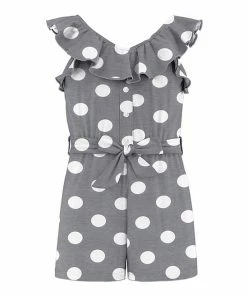 New 🛒 Trend Blossoms Gray Polka Dot Ruffle Collar Bow-Belt Romper - 👧 Girls 🧨