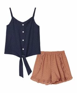 Best Pirce 🌟 Trend Blossoms Navy Polka Dot Tie-Waist Tank & Coral Stripe Ruffle-Accent Shorts - 👧 Girls 💯