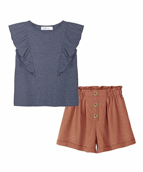 Cheap 👏 Trend Blossoms Dark Blue Ruffle-Accent Sleeveless Top & Coral Stripe Shorts - 👧 Girls ✔️ 3 Cheap 👏 Trend Blossoms Dark Blue Ruffle-Accent Sleeveless Top & Coral Stripe Shorts - 👧 Girls ✔️
