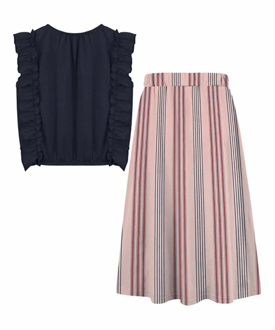 Coupon ✔️ Trend Blossoms Dark Navy Ruffle-Accent Top & Pink Stripe Belted A-Line 👗 Skirt - 👧 Girls 😉 4 Coupon ✔️ Trend Blossoms Dark Navy Ruffle-Accent Top & Pink Stripe Belted A-Line 👗 Skirt - 👧 Girls 😉 - Image 2
