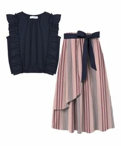 Coupon ✔️ Trend Blossoms Dark Navy Ruffle-Accent Top & Pink Stripe Belted A-Line 👗 Skirt - 👧 Girls 😉